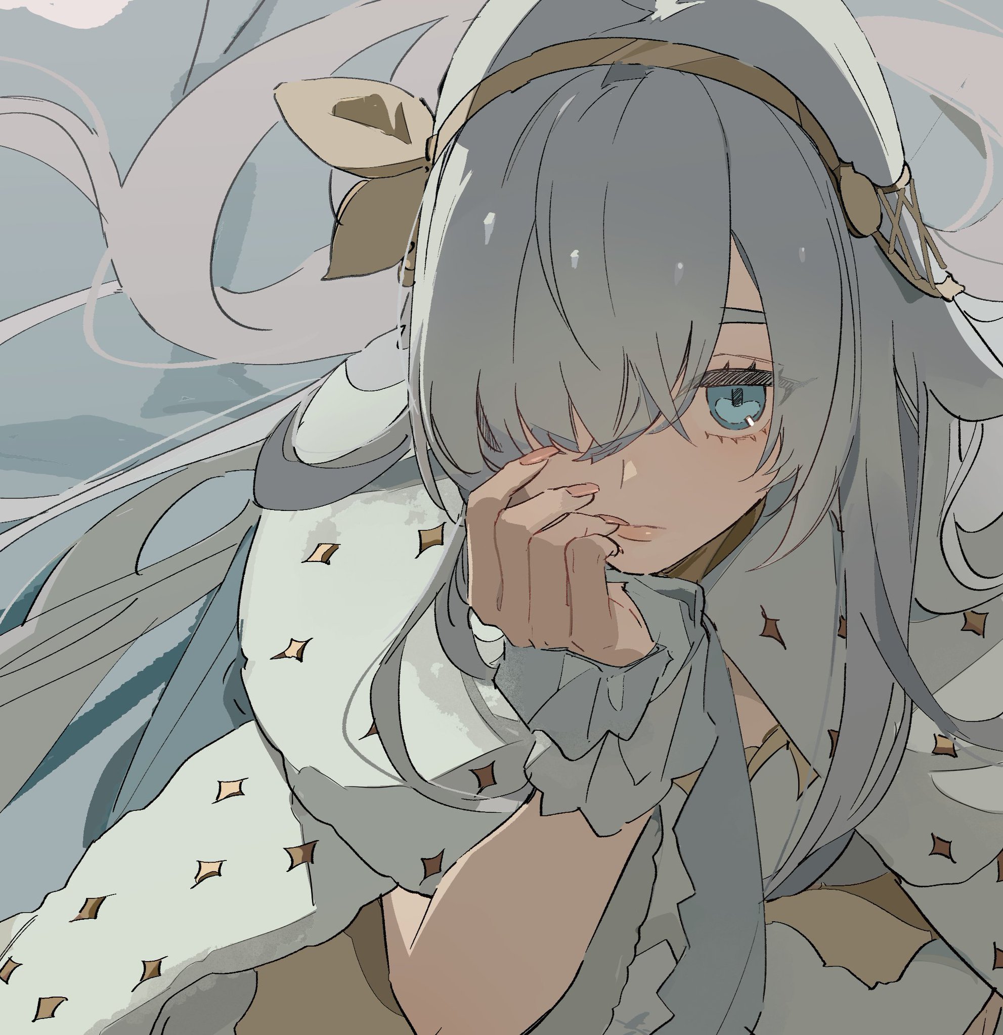 a stylized illustration of an anime girl with silver hair and light blue eyes. she wears a dress with a diamond pattern, and there is a ribbonlike headwear on her head. her hand is near her face.