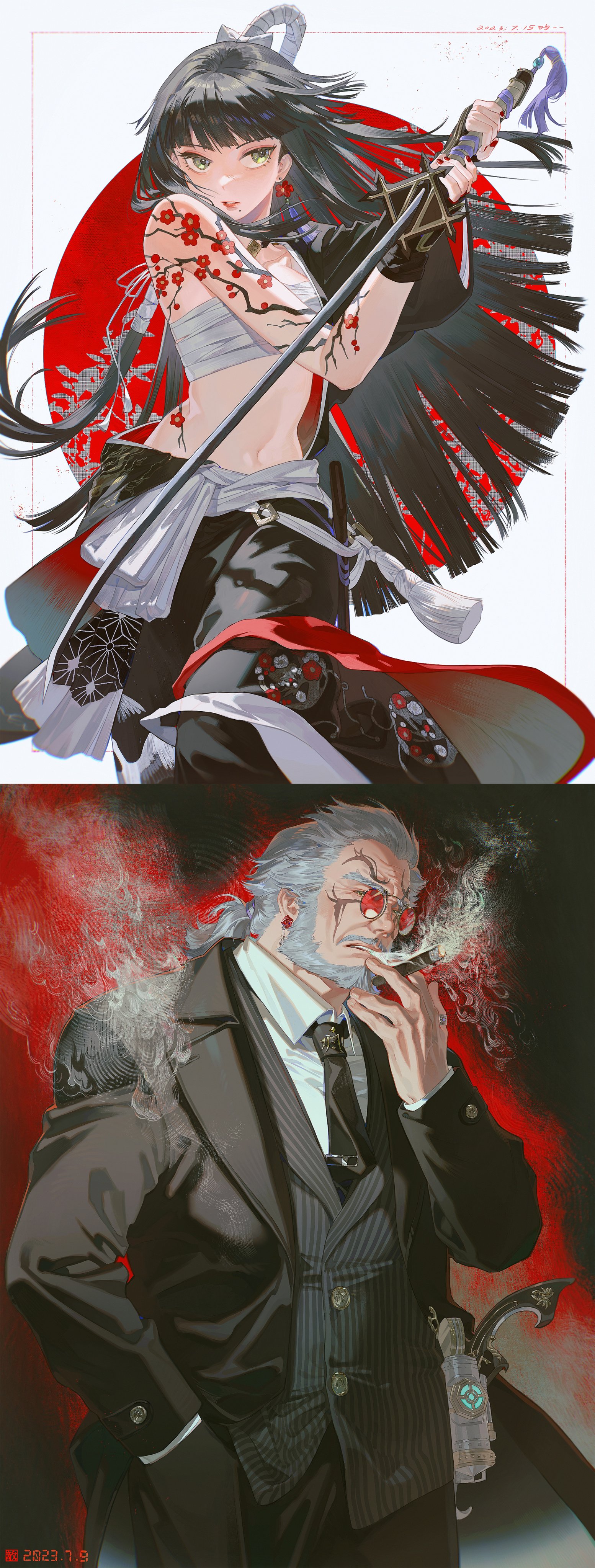 the image features two characters. the first is a woman with black hair and a white kimono. she is wearing a red and black sash and holding a sword. she is in the upper part of the image and the background behind her is red and white. the second character is a man wearing a grey suit and glasses. he has grey hair and is smoking a cigar. he is in the bottom half of the image, the background is red. the characters look like they are from an anime or manga.