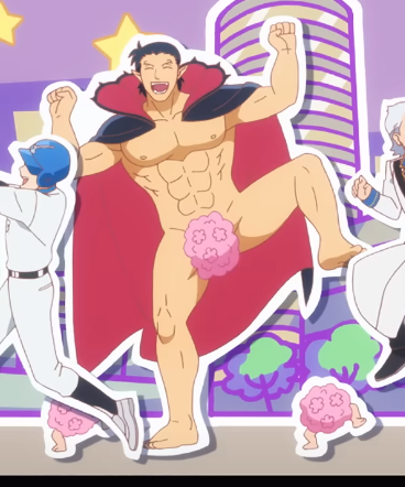 the image depicts a cartoon drawing of a muscular man dressed as a vampire. he is shirtless, wearing only a cape, and strategically placed pink flower appliqués. he is surrounded by other stylized figures, including a baseball player, seemingly part of a celebratory procession. the setting is a city at night, rendered in bright, flat colors. the style is reminiscent of anime or manga, with exaggerated features and dynamic poses.