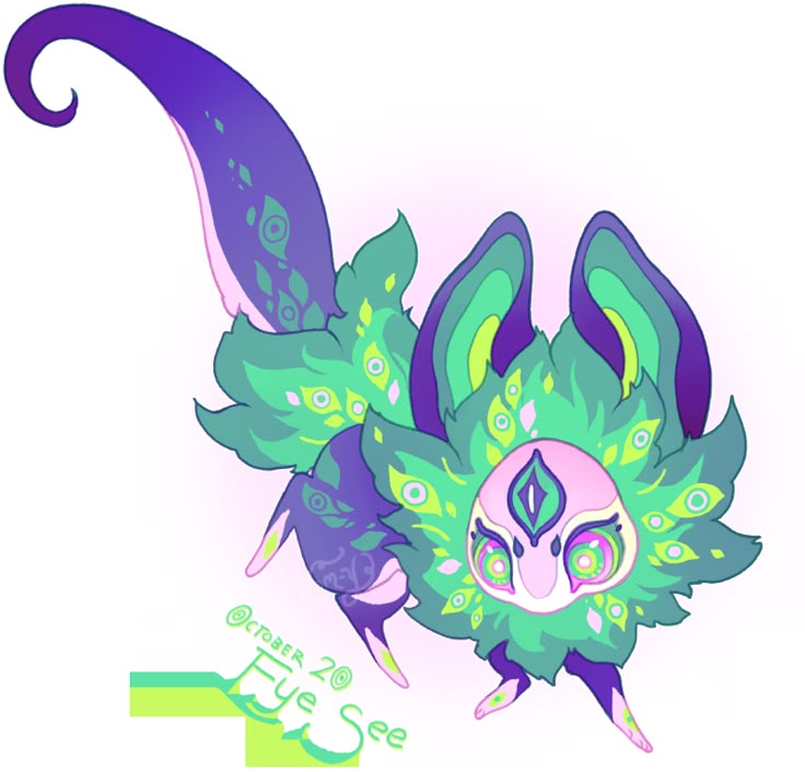 a digital drawing of a stylized monster or creature with a purple, green, and light pink color palette. the creature has large, ornate antennae that curl at the end. its body is mostly green with purple accents, and it has many eyes scattered across its body. the creature also has a light pink face with a distinctive eye pattern. the overall design gives the impression of a floating, mystical being. the drawing is signed "october 20" and the words "eye see" are present, possibly as a watermark or signature.