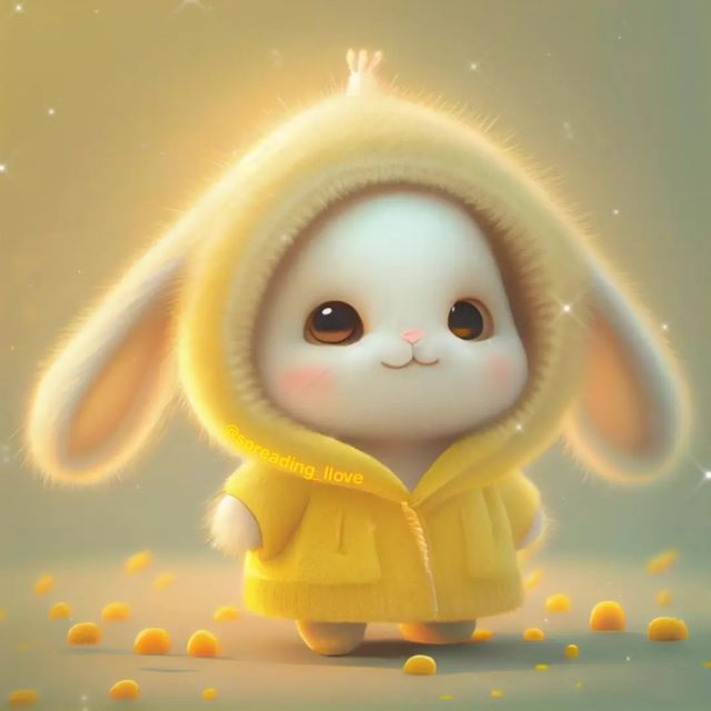 a cute cartoon bunny wearing a yellow raincoat and smiling is pictured in a digital illustration. the bunny is adorable and fluffy with big eyes and a sweet expression. it is standing on a background of golden dots and looks happy. the illustration is colorful and cheerful.