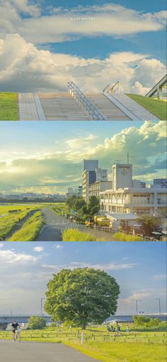 the image is a collage of three photos. the first photo is of a grassy hill with a path leading up to a bridge. the second photo is of a cityscape with buildings and a river. the third photo is of a tree in a park with a bridge in the background. all three photos are taken in natural light and have a serene and peaceful atmosphere.