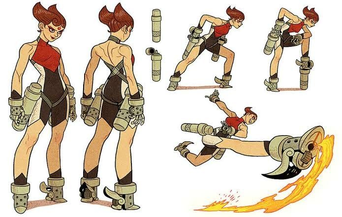 this image shows a concept art character sheet of a female character, possibly for a video game or animation.  the design is a blend of scifi and steampunk aesthetics. the character is depicted in various action poses, showcasing her outfit, which includes a red and black bodysuit, large mechanical gauntlets, and flamethrowerlike boots. the illustrations provide a comprehensive view of the character from multiple angles and perspectives, including front, back, and dynamic action shots demonstrating movement and weapon use. the style is detailed and expressive, with a strong emphasis on character design and mechanical details.  the character seems strong and capable, ready for combat.