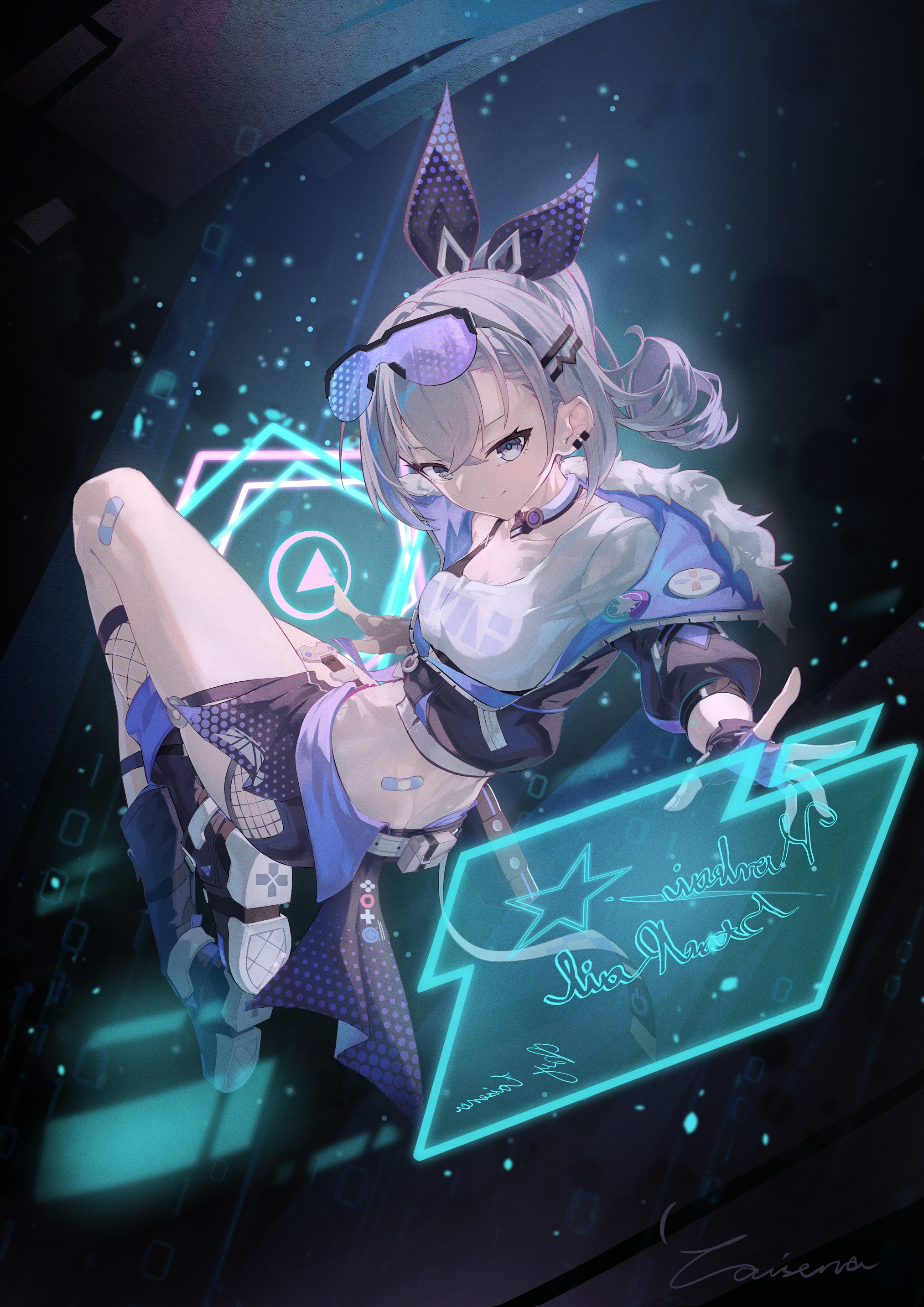 the image is a vibrant digital illustration of an animestyle girl, possibly a virtual singer or gamer character named lisa nakata (as indicated by the signature).  she's depicted in a dynamic pose, leaning forward and displaying a holographic, neonblue signature pad. her clothing style is a mix of cyberpunk and futuristic elements – bright, colorful, and incorporates technological design details.  the background is dark and atmospheric with neon lights and glowing particles, enhancing the cyberpunk aesthetic. the overall mood is energetic and stylish. the artist's signature is subtly present in the lower right corner.