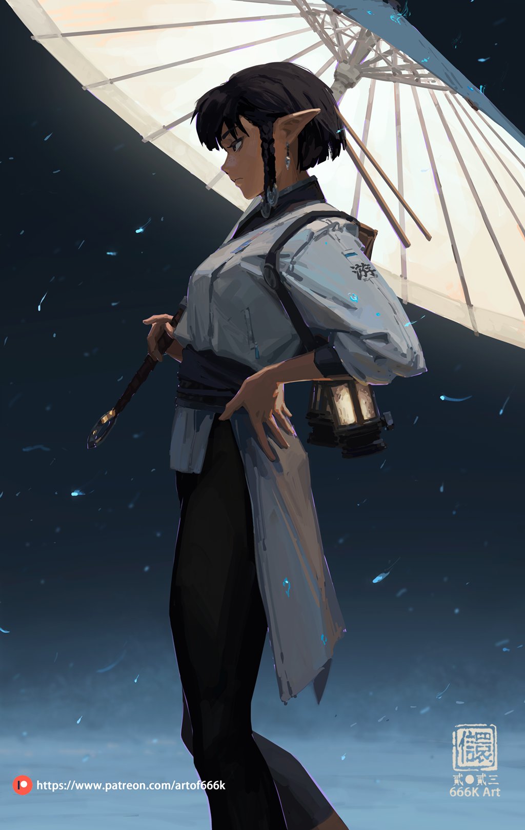 he image showcases a digital painting of an animestyle elven girl.  she possesses pointed ears and dark hair, styled in a short bob. she's dressed in a flowing, light gray and white outfit, reminiscent of east asian clothing,  and dark pants.  she carries a large, white paper parasol and holds a lantern, adding to the mystical ambiance. the background is a dark blue, with light blue particles suggesting rain or snowfall. the overall style is atmospheric and evocative, with a focus on subtle lighting and details.  the artist's signature and patreon information are visible in the bottom corners.