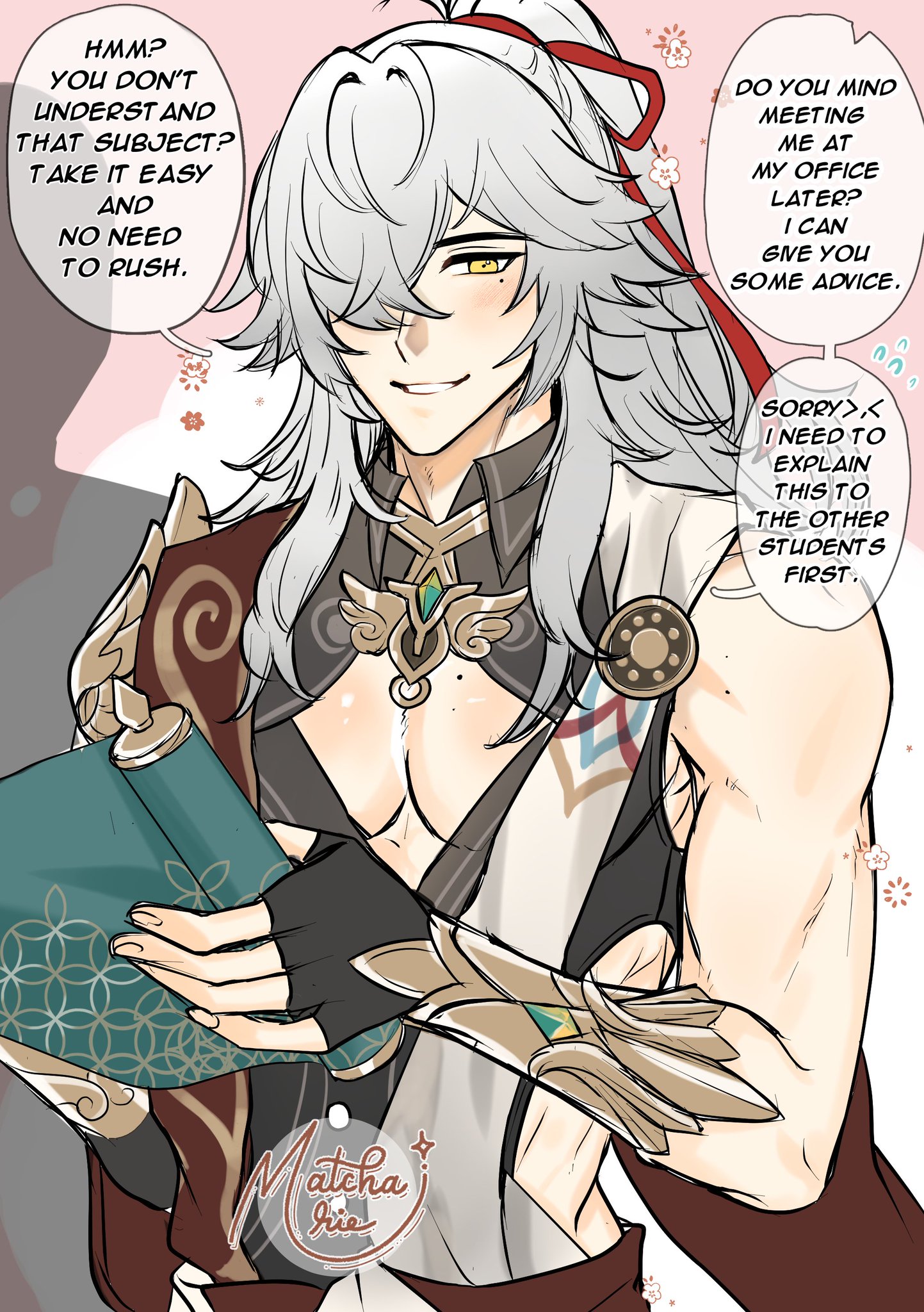 this is an anime drawing of a male character in a kimono with white hair and red eyes.  he is holding a sword and has a serious expression on his face. the character is likely aether from the game genshin impact.