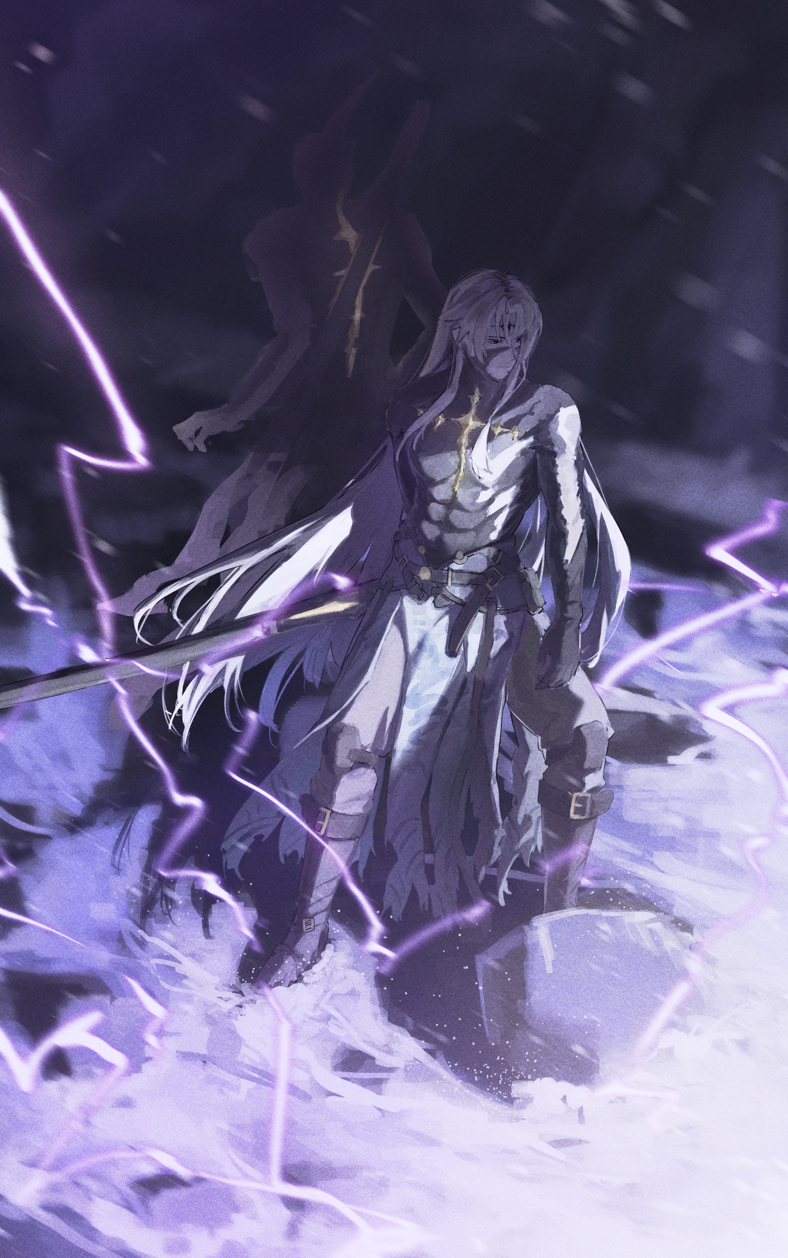 two figures in dark, flowing garments stand amidst a stormy, snowy landscape. the figure in the foreground has long white hair and wields a sword, while lightning crackles around them. the background figure is partially obscured and appears more spectral. the scene is rendered in a painterly style with a limited color palette of blues, purples, and grays.