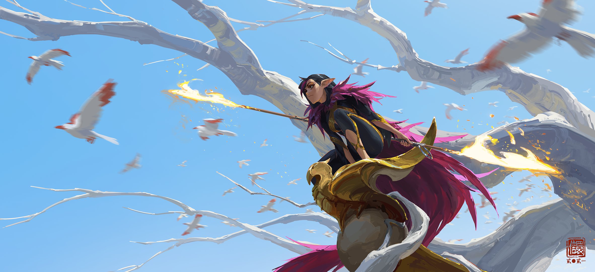 the image is a digital painting depicting a fantasy scene. a female elflike character with purple hair and pointed ears is seated atop a golden, birdlike creature. she holds a staff that emits flames. numerous white birds are flying around her in a clear blue sky. the background features barren, white trees. the style of the artwork is anime inspired with a focus on soft, ethereal colors and dynamic poses.