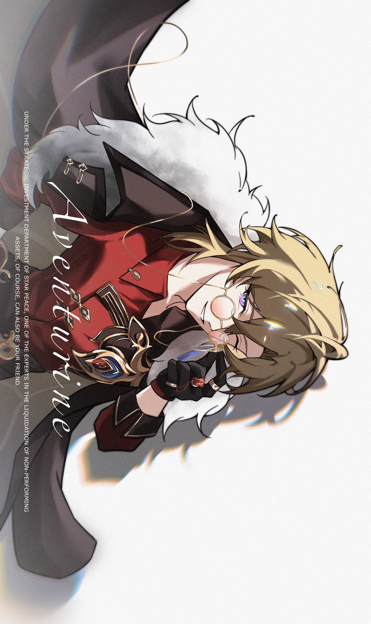 the image is a piece of fanart depicting alhaitham from the game genshin impact. he is presented in a stylized and elegant pose, wearing his signature red and black outfit with a white fur trim. his blond hair is long, and he has a monocle.  the artwork features a closeup view, emphasizing detail in his expression and attire. the background is primarily white, with hints of shadow and subtle effects. text overlay provides a short description relating alhaitham to his position within the game's lore. the overall style is reminiscent of anime and fantasy art.