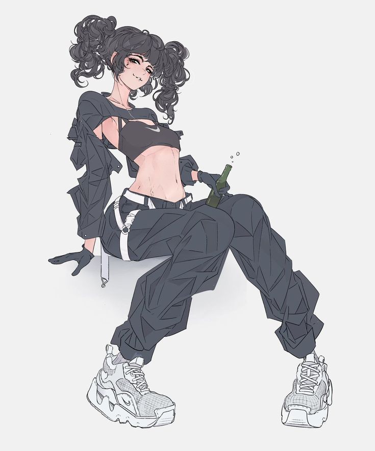 a digital illustration of an anime girl sitting with her legs crossed while holding a green bottle. she is wearing white sneakers, black pants, a black jacket, and a white crop top. she has black hair with two pigtails. the background is grey.