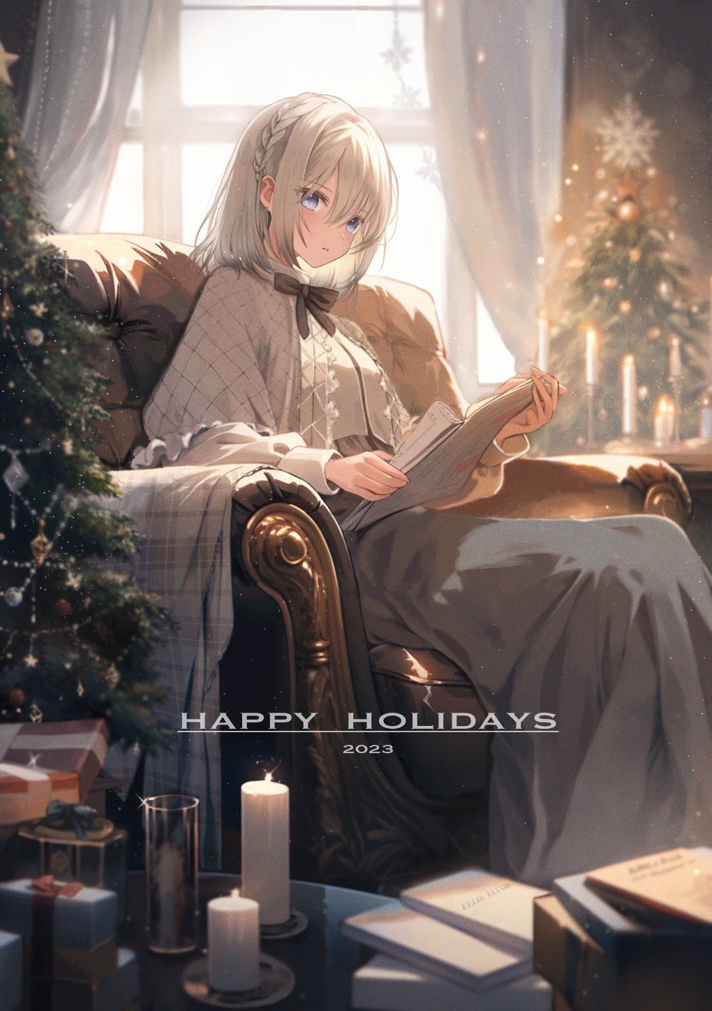 the image depicts an anime girl with long, white hair and blue eyes sitting in a plush armchair. she's wearing an elegant, light grey winter outfit and is engrossed in reading a book. the setting is a cozy room decorated for christmas, with a lit christmas tree, presents under it, and candles burning nearby, creating a warm and festive atmosphere. the overall mood is serene and peaceful, capturing the spirit of the holiday season. the text "happy holidays 2023" is superimposed on the image, further emphasizing the holiday theme.