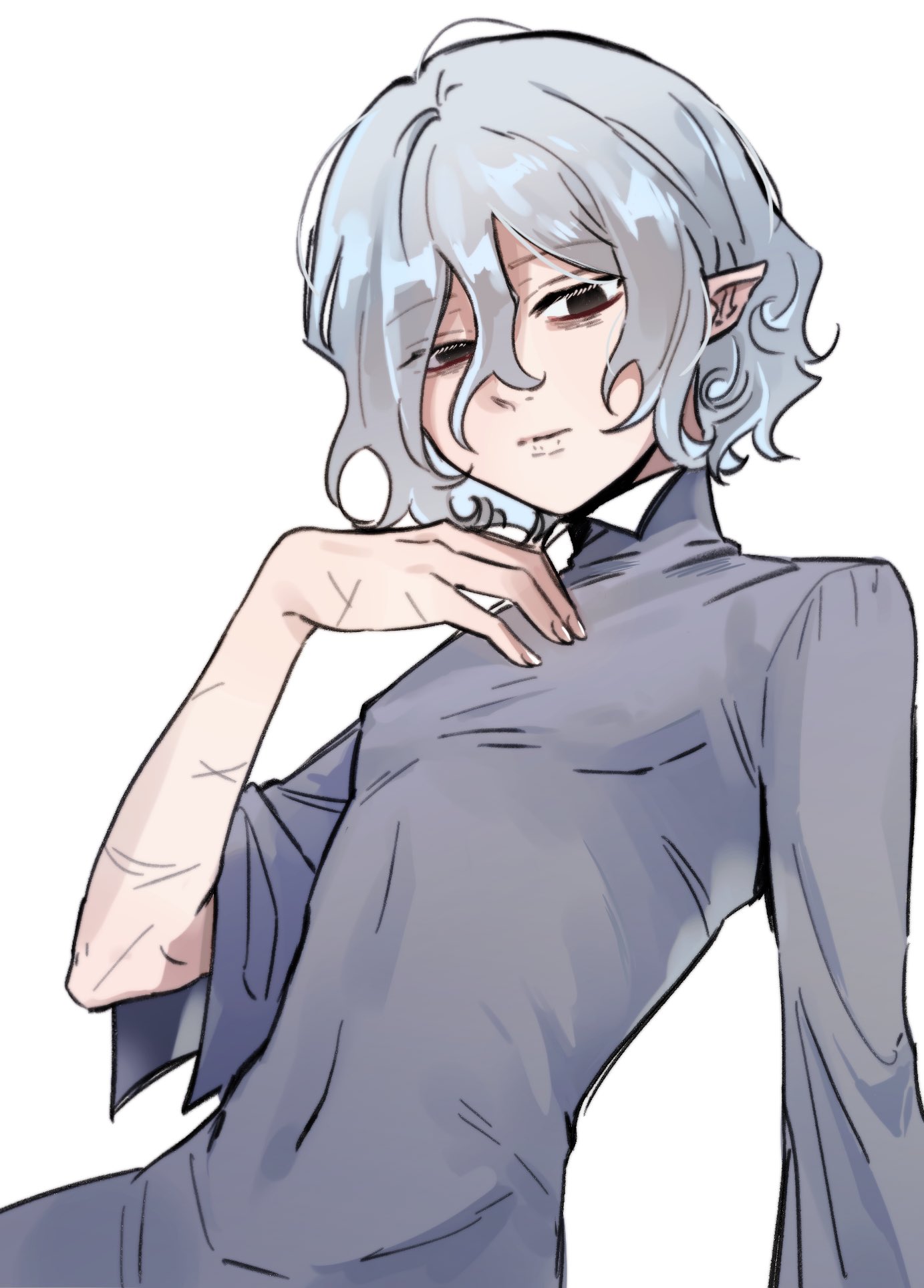the image is a digital drawing of a young woman with animestyle features.  she has short, wavy silver hair, pointed ears suggestive of an elf, and pale skin.  she is wearing a longsleeved, loosefitting gray dress.  her pose is confident, one hand resting on her chest, with a slight smirk on her face.  there are noticeable scars on one of her arms. the art style is soft and stylized, with light shading and clean lines. the overall impression is one of elegant fantasy.