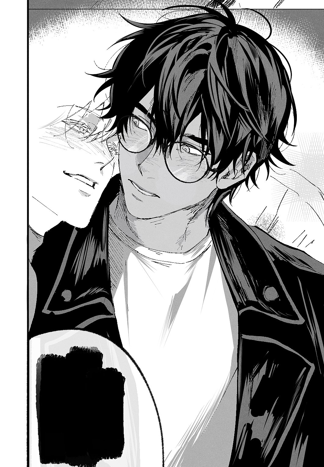a closeup black and white mangastyle illustration of two young men. the focus is on the man in the foreground, who has dark hair, glasses, and is wearing a leather jacket. he appears to be looking at the other man, who is partially obscured and seems more delicate in features. the image evokes a sense of intimacy and romance. the art style is detailed and expressive, using shading and linework to create depth and emotion.