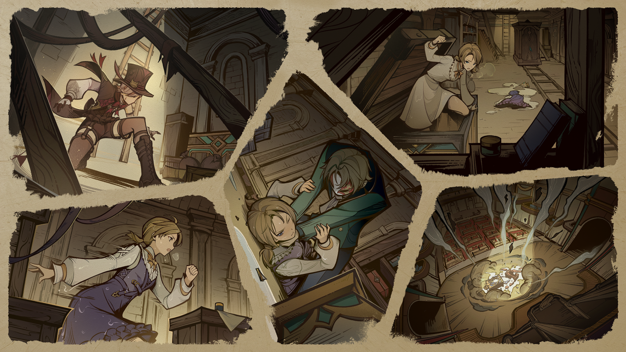 this is a comic style image with 6 panels. the first panel shows a female character running from the top of a ladder down to the bottom. she is carrying a gun in one hand and a backpack in the other hand. the second panel shows a female character on the ground, in the center of a room, with an explosion happening behind her. the third panel shows a man holding a female character, with a knife, as they are on the floor. the fourth panel shows a female character running toward the right, with a look of worry on her face. the fifth panel shows a female character jumping over a railing and grabbing an object in the process. the sixth panel shows a female character standing on the ground and yelling in fright as she looks at a small group of people in the distance.