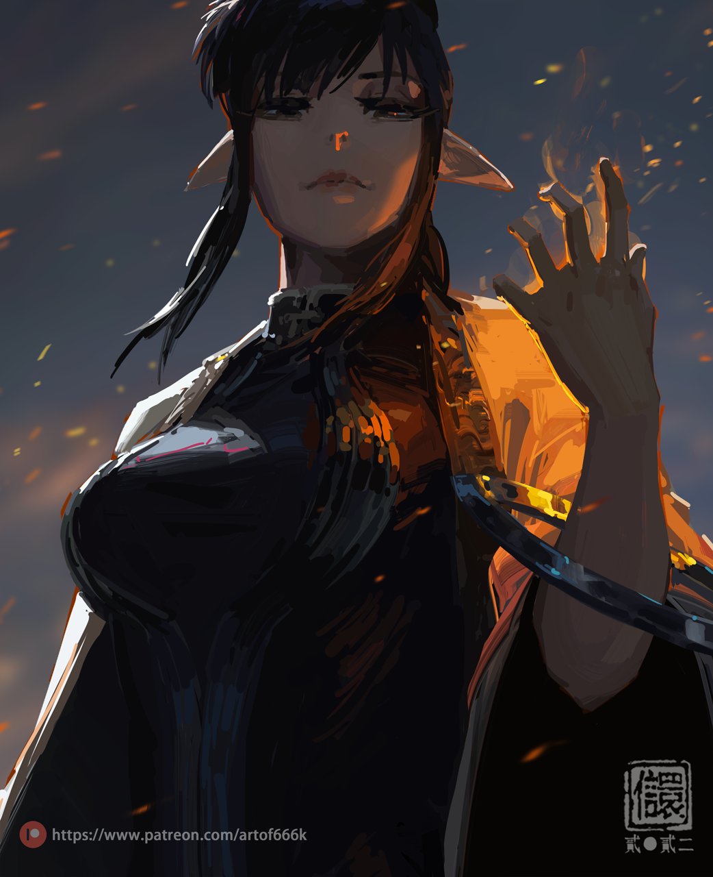 the image is a digital painting of a female character with elflike ears, dark hair tied back, and an elegant, darkcolored dress. she has a calm yet powerful expression. her hands glow with an orange light, and small fire particles are scattered around her, creating a dramatic and mysterious atmosphere. the background is a dark, smoky sky. the artwork is signed with an artist's signature and a patreon link. the style is a blend of anime and fantasy art.