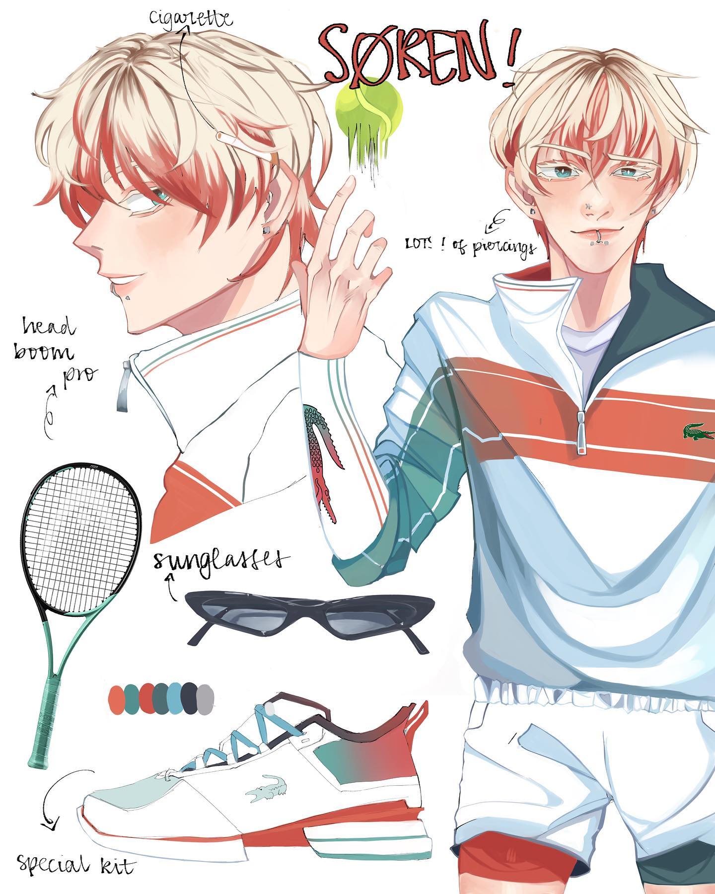 the image is a vibrant character design illustration of a young man named søren. the style is reminiscent of anime or manga.  søren is presented in a sporty, streetwear aesthetic, incorporating elements like a lacostestyle polo shirt and sneakers. his attire includes shorts, a zipup jacket, sunglasses, and a tennis racket.  details provided include a cigarette, multiple earrings and piercings, and a color palette for his clothing. a second, less detailed illustration of søren is presented beside the main one.  the overall style is casual yet stylish, and the presentation method uses various smaller images showing his clothing components and accessories.