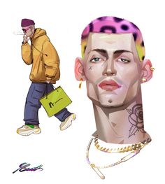 the image showcases a stylized illustration of a man, likely reflecting a contemporary, perhaps streetwearinspired fashion sense. he is depicted in two poses: a fullbody side view showcasing his outfit and a closeup focusing on his head and upper torso.  the closeup emphasizes his distinctive hairstyle—a buzz cut with a leopardprint pattern—and his jewelry, which includes multiple necklaces and earrings. his attire in the fullbody view consists of a yellow jacket, a green shoulder bag, baggy pants, and sneakers. the overall aesthetic suggests a blend of realism and artistic stylization, common in character design or fashion illustrations.