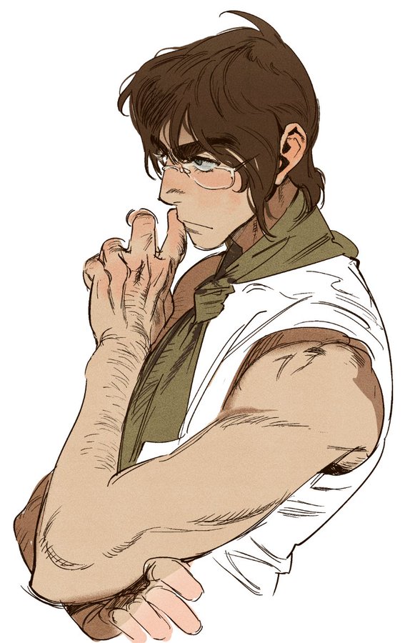 a detailed illustration of a man. the art style is reminiscent of anime or manga, with a focus on line work and shading to create a sense of depth and texture. the character is depicted from the chest up, with his right arm prominently featured, showcasing strong muscles. he appears to be in deep thought, with his hand near his mouth. his expression is serious and contemplative. his outfit consists of a lightcolored vest over a darker shirt. he is wearing glasses and has brown hair. the image is done in warm, earthy tones.