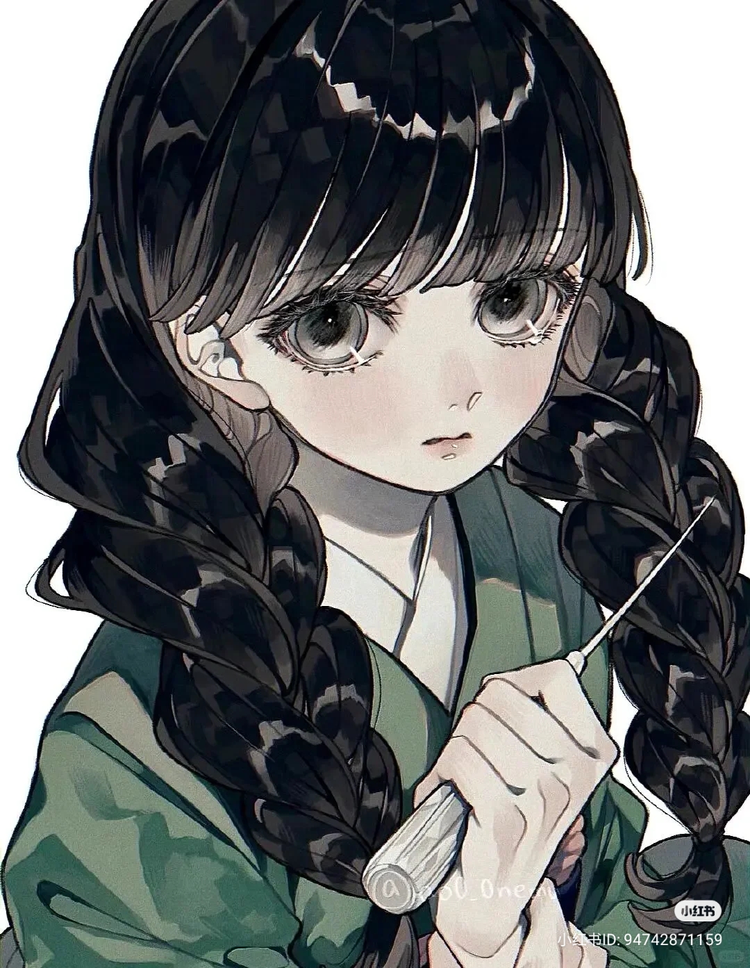 the illustration features a young girl with large, captivating eyes, dressed in a traditional japanese attire. her jetblack hair is styled in two neat pigtails, framing a face that holds a mix of innocence and a hint of melancholy. she is holding a knife in her right hand.