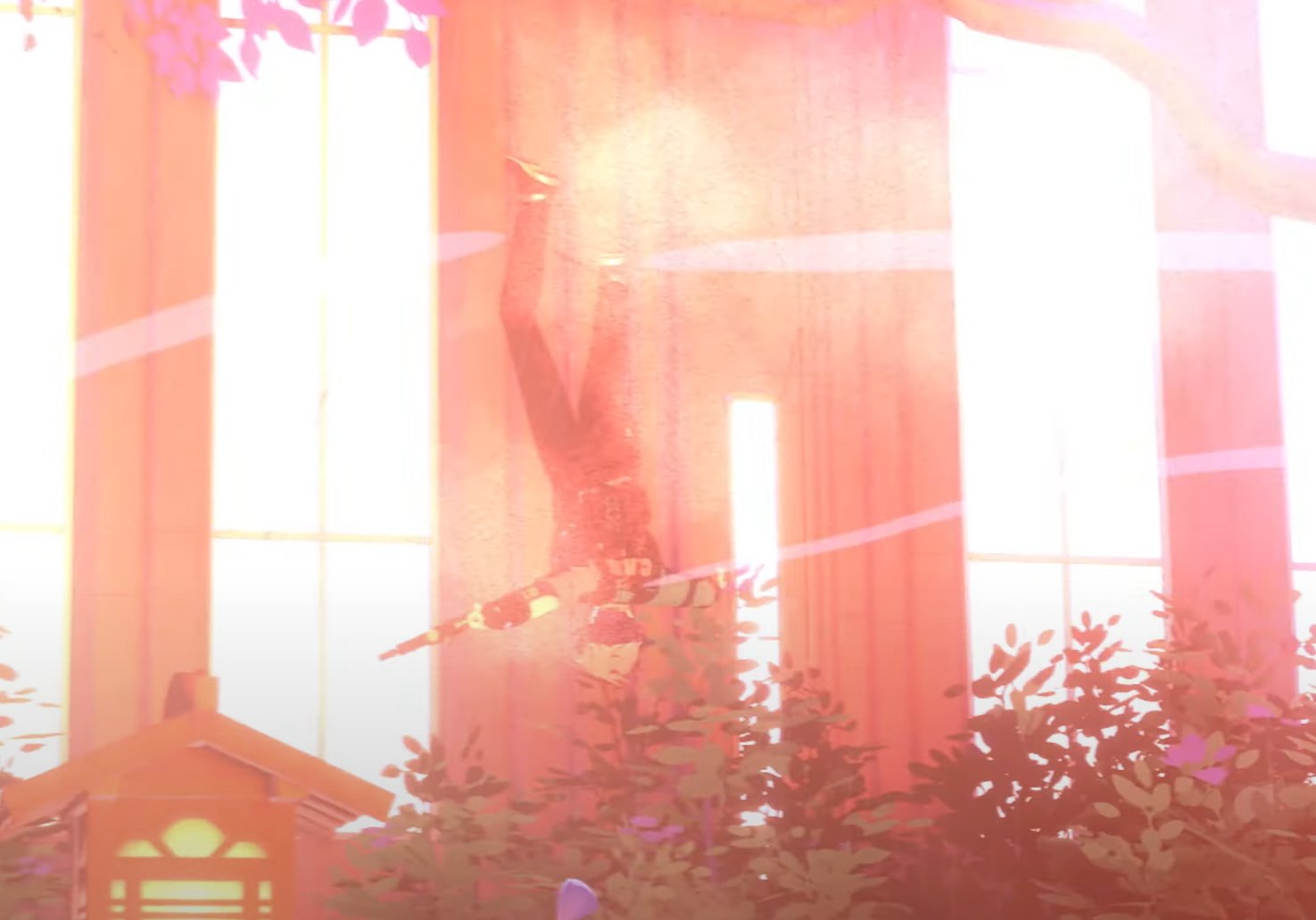 this is a digital illustration of a man in a white shirt and red pants standing in a house with a pink and red building in the background. the man is hanging upside down and is surrounded by white windows and a white wall. the image is vibrant and colorful, creating a dreamlike and whimsical atmosphere. the art style is modern and abstract, with a strong focus on graphic elements.