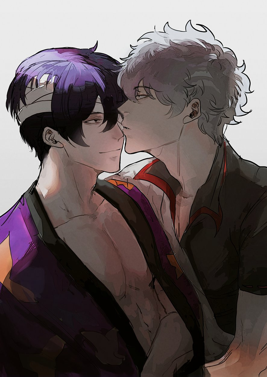 a drawing of two anime boys. the boy on the left is wearing a purple jacket with an orange design and has purple hair. the boy on the right has white hair, is wearing a black shirt with a red tie, and is kissing the other boy on the forehead.  the illustration is in a portrait format and drawn in a digital art style.