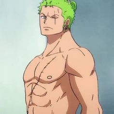 the image shows a digital illustration of roronoa zoro, a character from the anime and manga series "one piece." he is shirtless, showcasing his muscular physique and a prominent scar across his torso. his green hair and the three earrings on his left ear are distinctive features. the background is a simple, light bluegray tone, drawing focus to zoro's physique and expression. the overall style is typical of anime, with exaggerated features and vibrant colors.