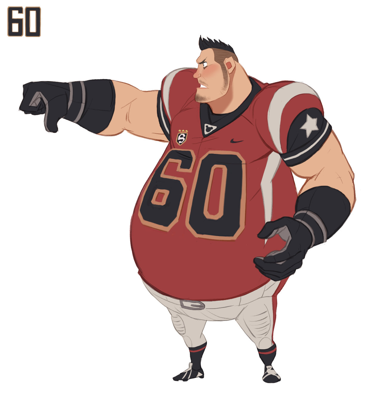the illustration features a stylized, cartoonish football player wearing a red and white uniform with the number 60. he is depicted as heavyset, with exaggerated features and musculature. he points aggressively with his right hand while holding a football in his left hand. the background is pure white, highlighting the character. the art style leans toward caricature with a focus on exaggerated anatomy and humorous proportions.