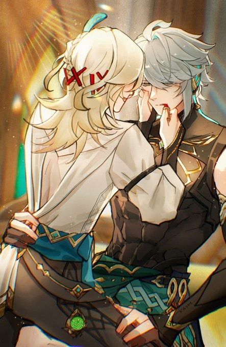 the image is a digital painting or illustration, likely fanart, depicting two animestyle characters in a romantic embrace. the style is reminiscent of genshin impact. one character has blonde hair, wearing a white and teal outfit. the other character has white hair, wearing a dark brown and teal outfit. they appear to be sharing a kiss or intimate moment. the art is detailed, showcasing intricate clothing designs and expressive faces. the overall mood is romantic and passionate. the background is blurry and suggestive of a warm, glowing environment. the artistic style is polished and expressive, creating a sensual and emotionally charged scene.