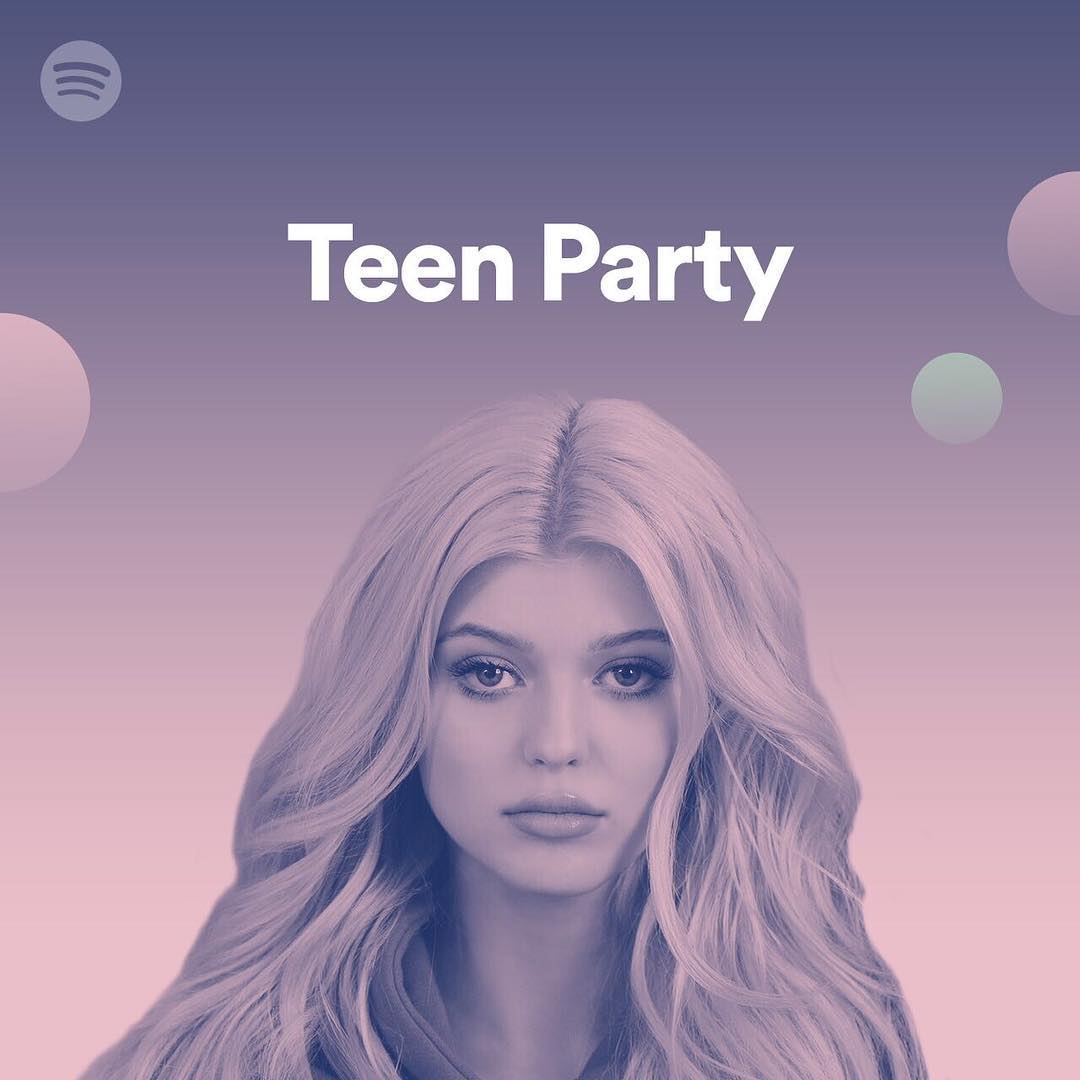 the image is a spotify cover art for a "teen party" playlist. the image features a portrait of loren gray with her blonde hair in waves, set against a gradient background of purple and pink. a spotify logo sits in the top left corner.