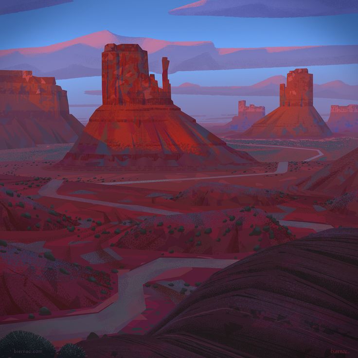 a stylized illustration depicts a desert landscape resembling monument valley, featuring prominent red rock mesas and buttes. a winding road cuts through the terrain. the sky is blue with patches of light clouds, and the overall color palette is warm with reds and browns dominating the landscape.