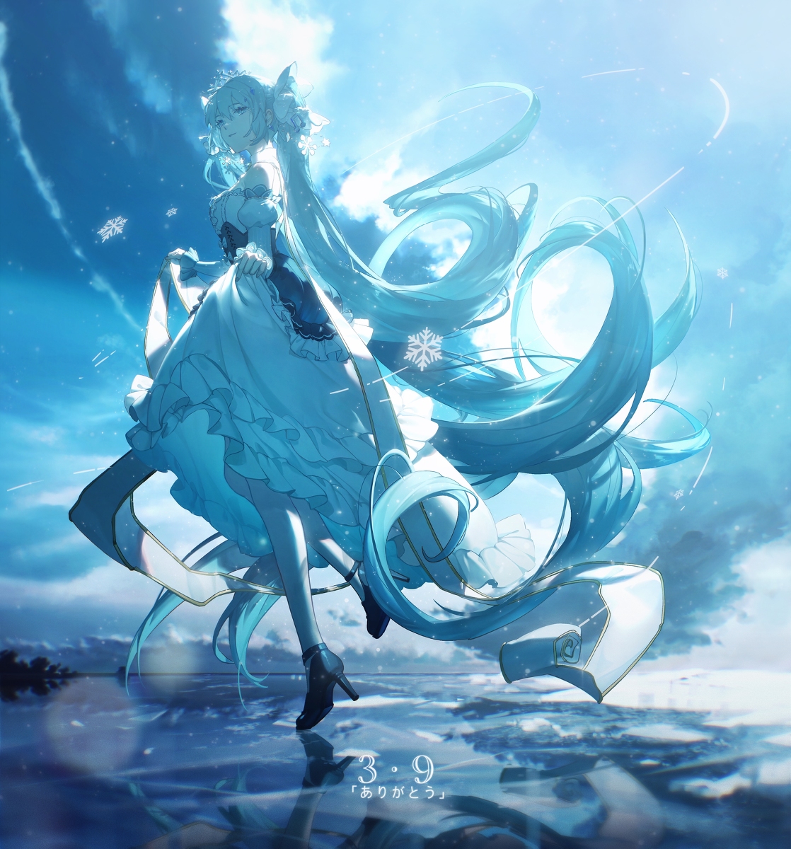 the image is a digital illustration of hatsune miku, an anime character with long, flowing blue hair, standing in a wintry scene. she is wearing a white dress with blue accents and black high heels. her hair is adorned with snowflakelike ornaments. the background consists of a cloudy sky with snowflakes falling. the scene is reflected in the water below, creating a mirrored effect. text is visible at the bottom of the image; it appears to be japanese, and the phrase "thank you" is also included.