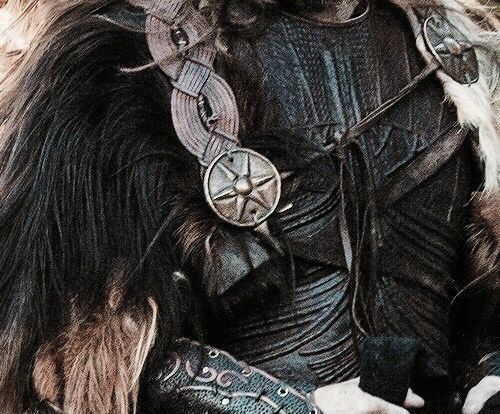 the image shows a closeup of a person dressed in viking or medievalstyle clothing, consisting of leather armor, fur trim, and various metal accessories like buckles and straps. the garments suggest a warrior or historical costume. braids are visible in the hair, which is covered in fur.