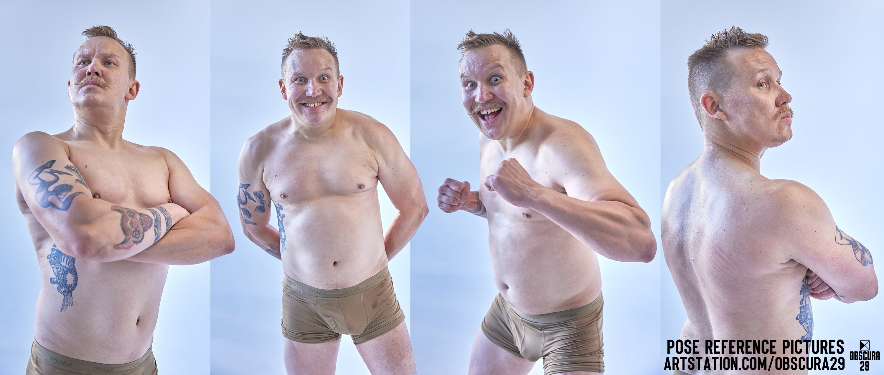 a muscular man in underwear is standing in three different poses. he has tattoos on his arms and torso. he is looking at the camera in all three poses, and his facial expressions are different in each.