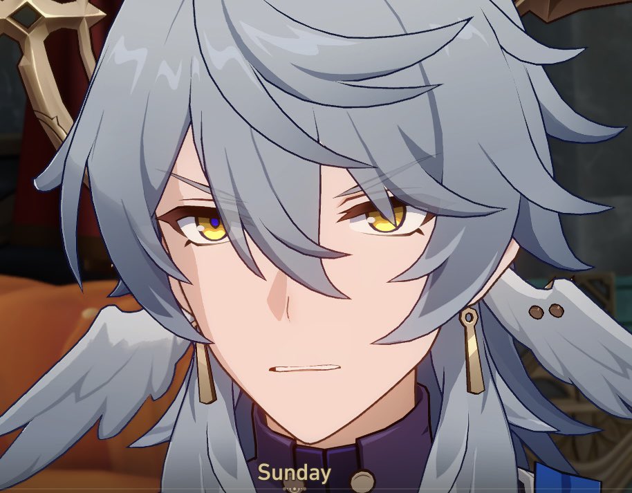 a closeup view of the face of a seriouslooking anime character with long white hair and yellow eyes. the character is albedo from the video game genshin impact.  the image highlights his determined expression, emphasizing his serious demeanor.