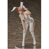 loseup view of an anime figurine of a female character dressed in a white bunny girl outfit. she's wearing a white tuxedostyle jacket and pants, bunny ears, and white gloves. the figurine is posed in a slightly bentover position, and her expression is somewhat demure. the background is a mottled brown and beige surface, and a clear circular base is partially visible beneath the figure. the overall style of the figurine is detailed and seems to be of high quality.