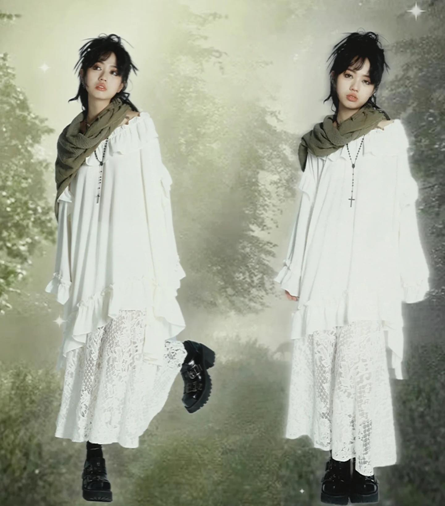 two identical girls, dressed in identical long white dresses with lace overlay and a green scarf, pose in a misty forest setting.  they wear black laceup boots. the overall aesthetic is ethereal, romantic, and slightly mysterious. the image is almost symmetrical, with the two girls mirrored on either side.