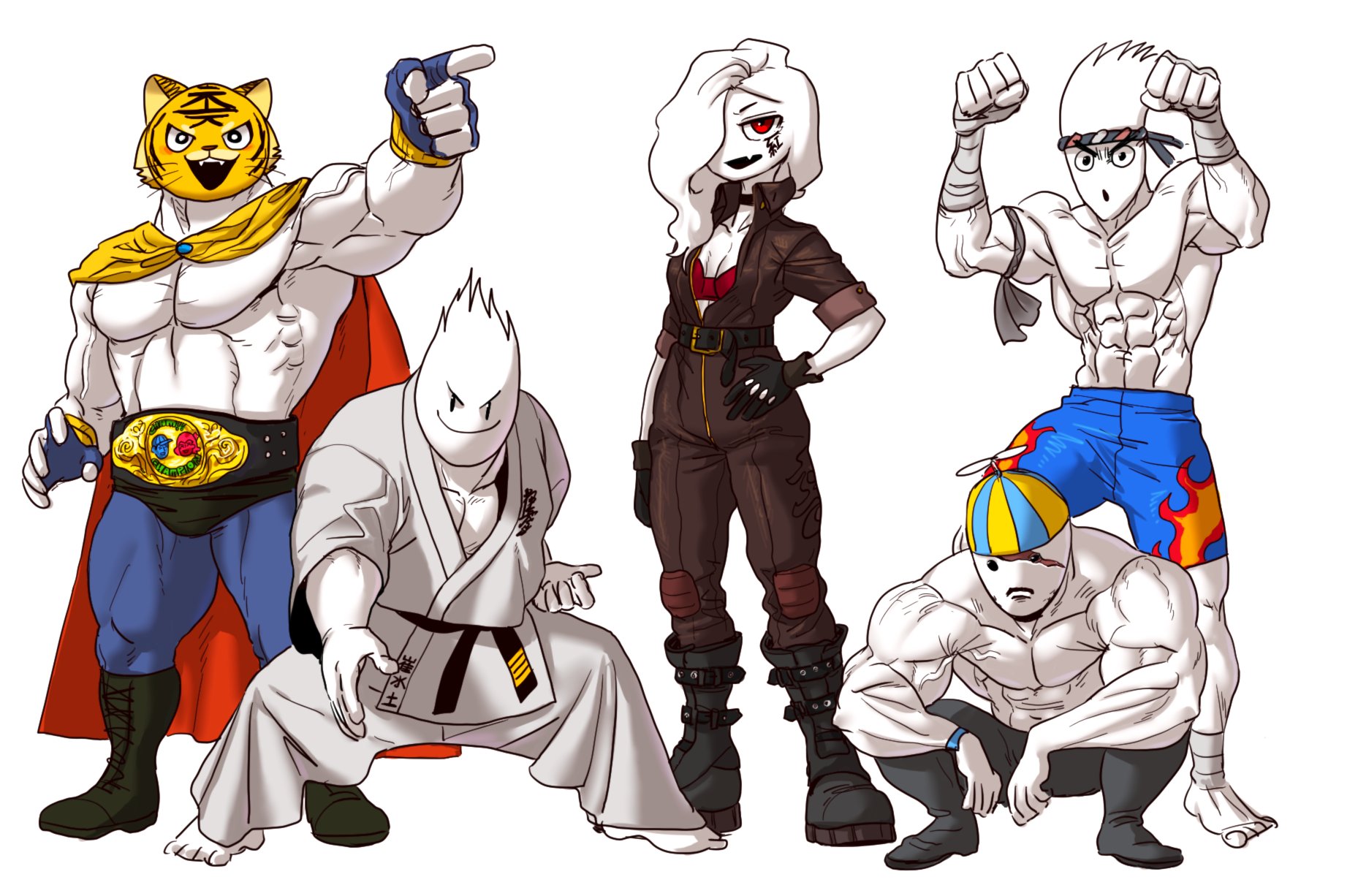 this illustration depicts five characters, each representing a different fighting style. the first on the left is a tigerthemed wrestler with a yellow cape and red pants. he is posed in a strong, defensive stance, his right arm raised as if pointing or challenging. the second character, a man dressed in a white karate uniform, stands with one leg bent in a ready position.  the third character is a woman with long white hair, dressed in a brown, mechanicstyle jumpsuit. she stands confidently with one leg slightly forward, her right arm held defensively in front of her. the fourth character is a shirtless, muscular fighter dressed in blue and red shorts with a red and yellow belt. he stands with his fists clenched, in an aggressive fighting stance. the fifth character is a shirtless, muscular fighter with a blue and yellow hat. he is crouching, with his arms resting on his knees. this illustration is full of energy and action, with each character representing a different combat style and expressing a sense of determination. the dynamic poses and detailed expressions convey a sense of power and readiness for battle. the use of color and linework helps to create a striking and visually appealing piece.