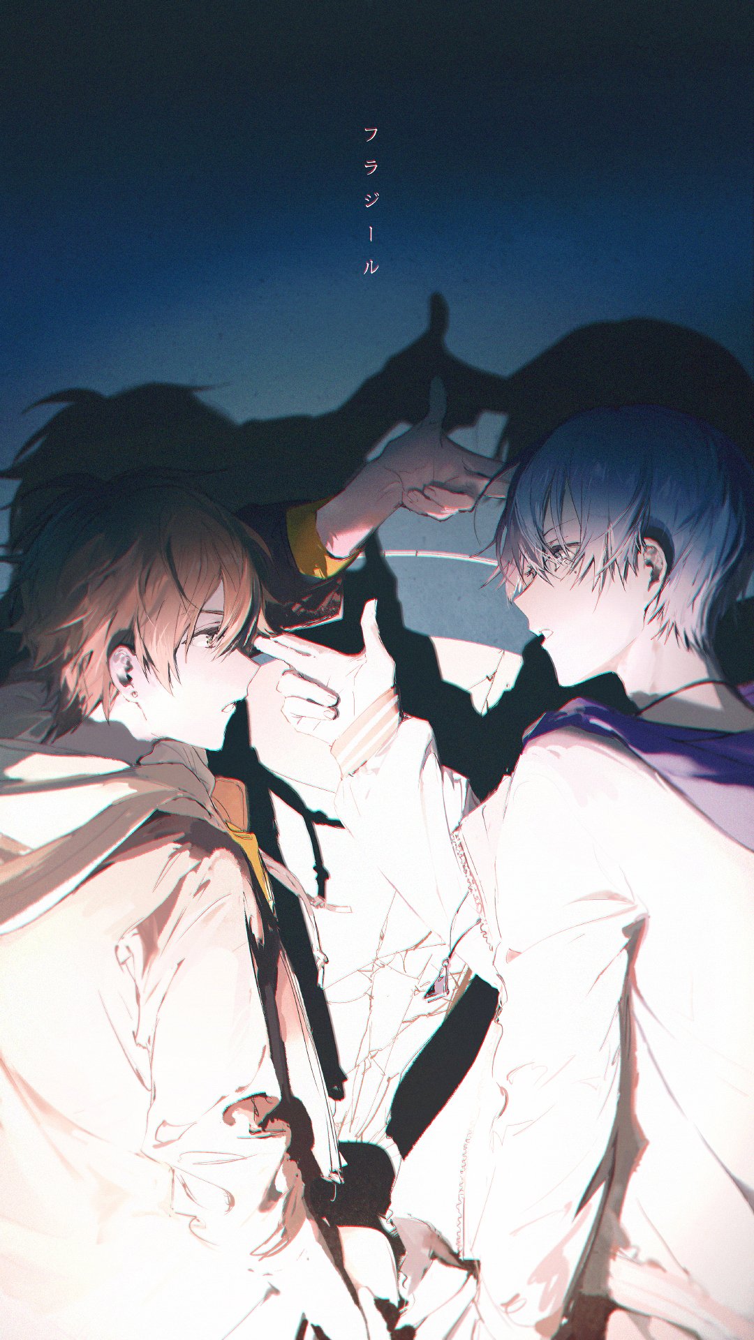 an animestyle illustration depicts two young men in a close setting. one has brown hair and the other blue. they are viewed from the side, with a shadow figure looming above them. the brownhaired character is wearing a white garment with yellow accents, while the bluehaired one sports white clothing with purple accents. a hand is positioned between them, and the scene is illuminated with a soft light.