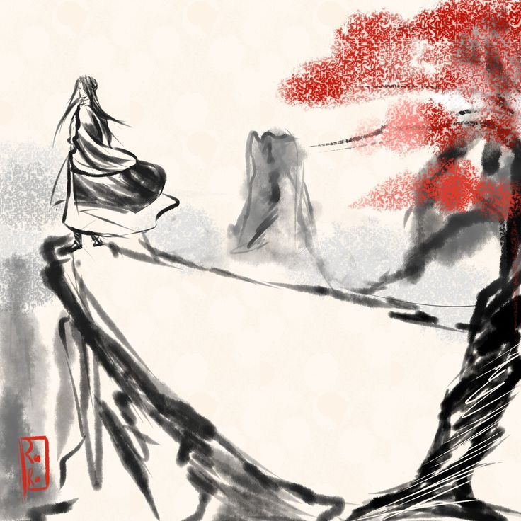the image is a stylized landscape painting in the style of east asian ink wash painting (sumie). it features a lone figure, seemingly a person in a long, flowing robe, standing on a cliff overlooking a misty landscape.  the background includes a rocky outcrop, and a tree with vibrant red leaves, suggesting autumn. the style is minimalist, using primarily black ink and washes of grey and white on a beige background to create atmospheric depth and texture.  the brushstrokes are expressive and loose, conveying a sense of movement and serenity. the overall feeling is one of solitude and contemplation within a beautiful, yet somewhat austere, natural setting.