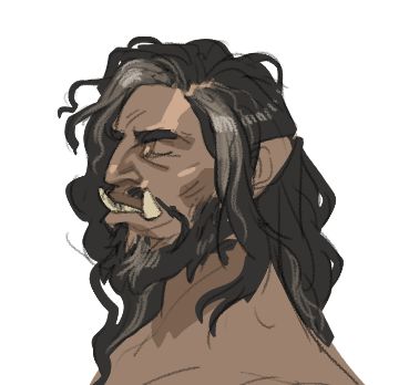 this is a digital illustration of a man with long, wild hair and a beard.  he has an angry expression on his face and seems to be looking down. he is drawn in a tribal style, with thick lines and a dark palette.