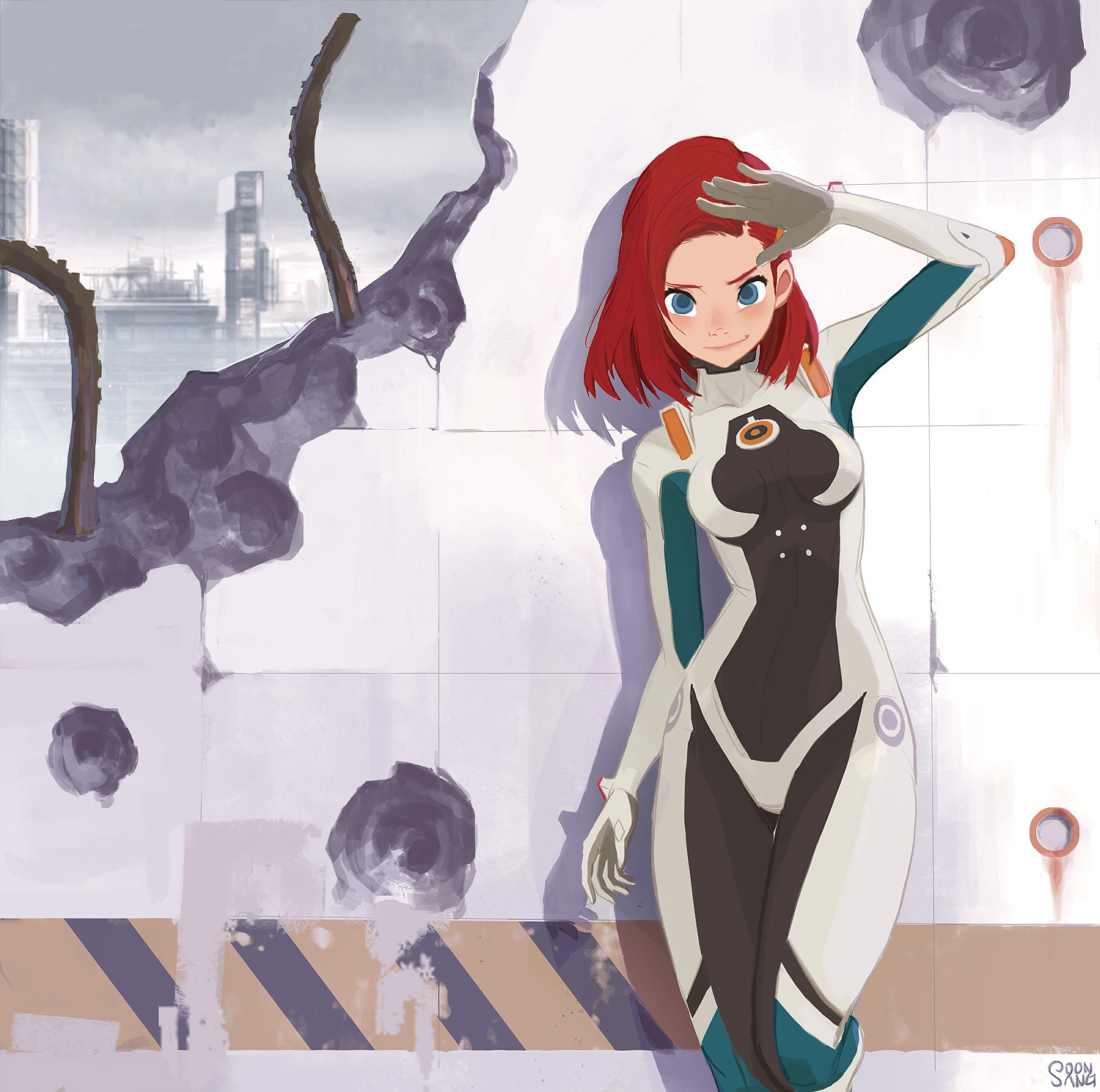 a young woman with short red hair and blue eyes, wearing a white and teal futuristic bodysuit, stands casually against a partially destroyed white wall. she shields her eyes from the sun with her right hand while looking into the distance. the wall features circular indentations and exposed wires, hinting at damage. through the large opening in the wall, we see a glimpse of a cityscape with buildings and a body of water, possibly a river or bay, under a cloudy sky.  the overall color palette is muted, with shades of white, gray, and blue dominating the image.