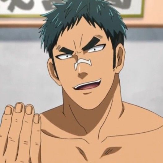 this is a closeup illustration of a muscular, tanskinned  man with short, dark green hair and a mischievous expression. he is looking directly at the viewer with a smirk and his eyebrows raised.