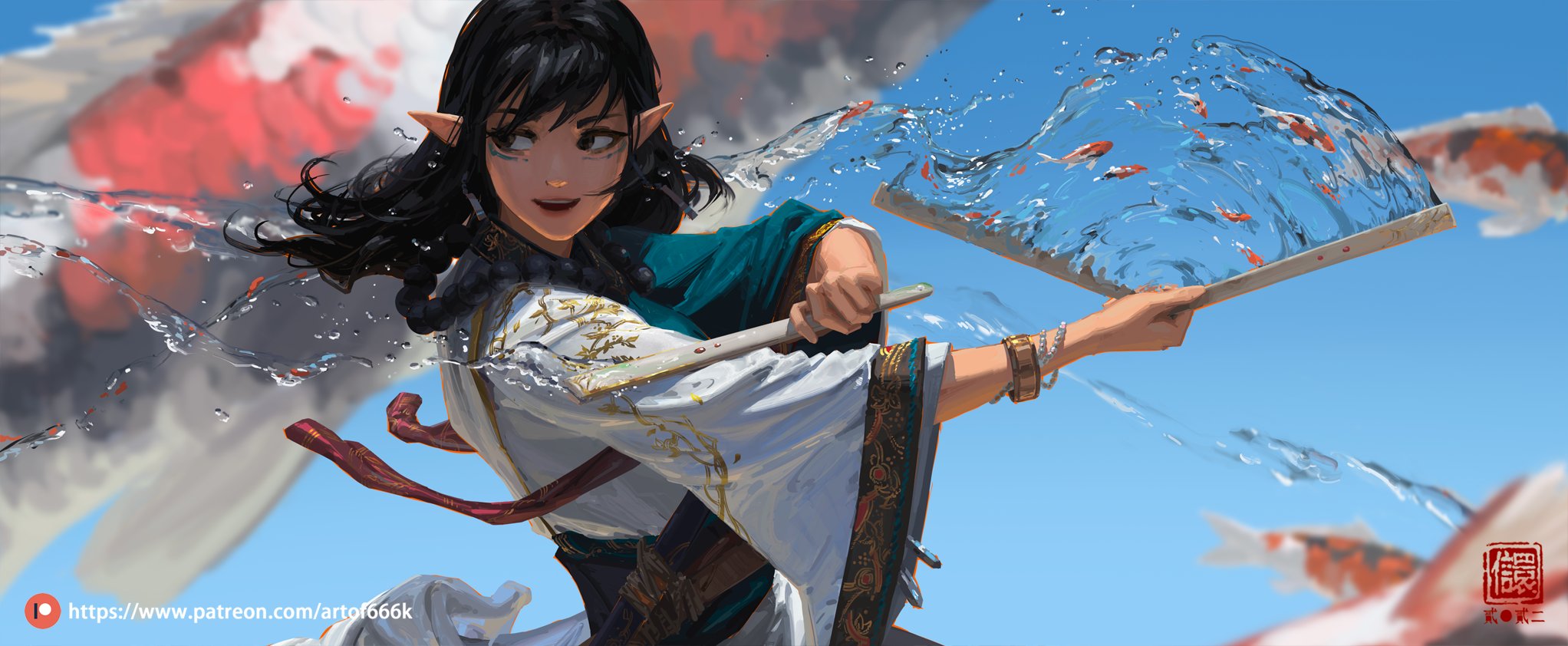 the image is a digital painting of an animestyle elf girl with dark hair and elf ears. she is wearing a flowing white and teal dress with gold accents and a red sash. she is wielding two fans, and water is splashing around her, containing several koi fish. the background features more koi fish swimming in a blurred depiction of water. the style is elegant and fantasyoriented, with a focus on fluid movement and vibrant colors.  a patreon watermark is visible in the bottom left corner.  a red seal with chinese characters is also visible in the bottom right corner.