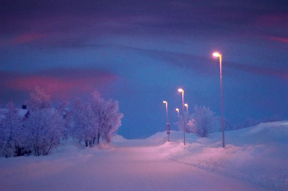 a snowy road curves gently to the right, disappearing into the distance between snowbanks. streetlights line the road, their orange glow a stark contrast to the cool blues and purples of the twilight sky.  bare trees, frosted with snow, stand at the edge of the road. the overall ambiance is one of serene winter beauty.