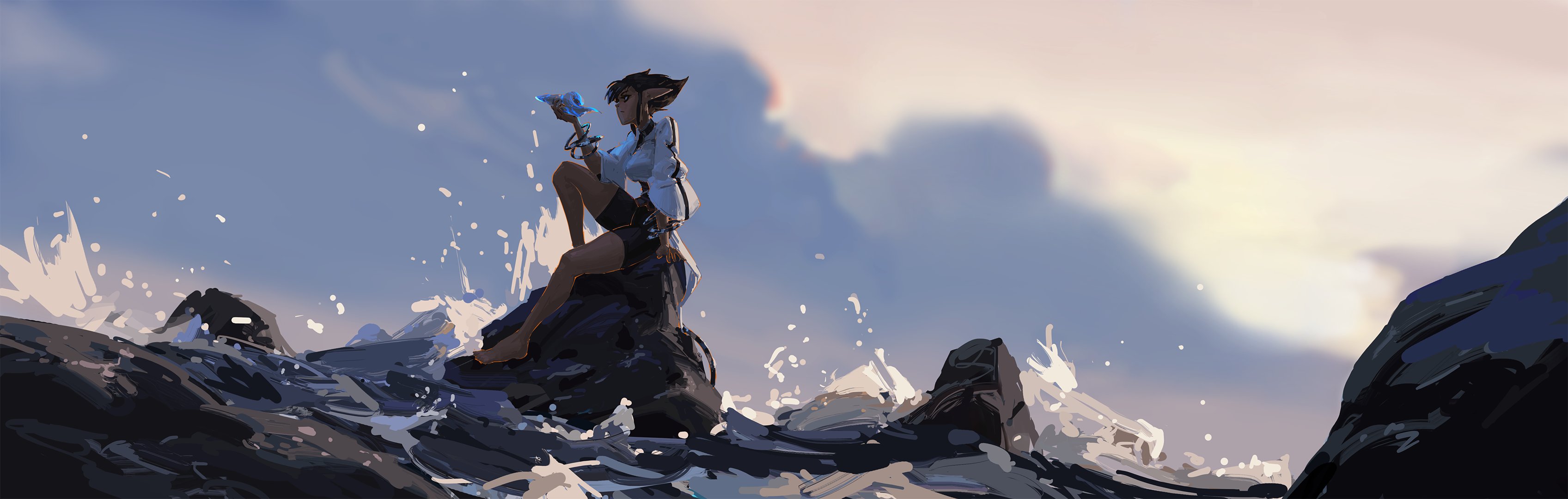 a digital painting depicts a female elf character sitting on a rock by the ocean. she has dark hair, pointy ears, and is wearing a white shirt and shorts. she is holding a glowing blue object in her hand. the ocean waves are splashing around the rock. the sky is a mix of blue and orange hues, suggesting sunset. the overall style is fantasy art, with a peaceful and serene atmosphere.
