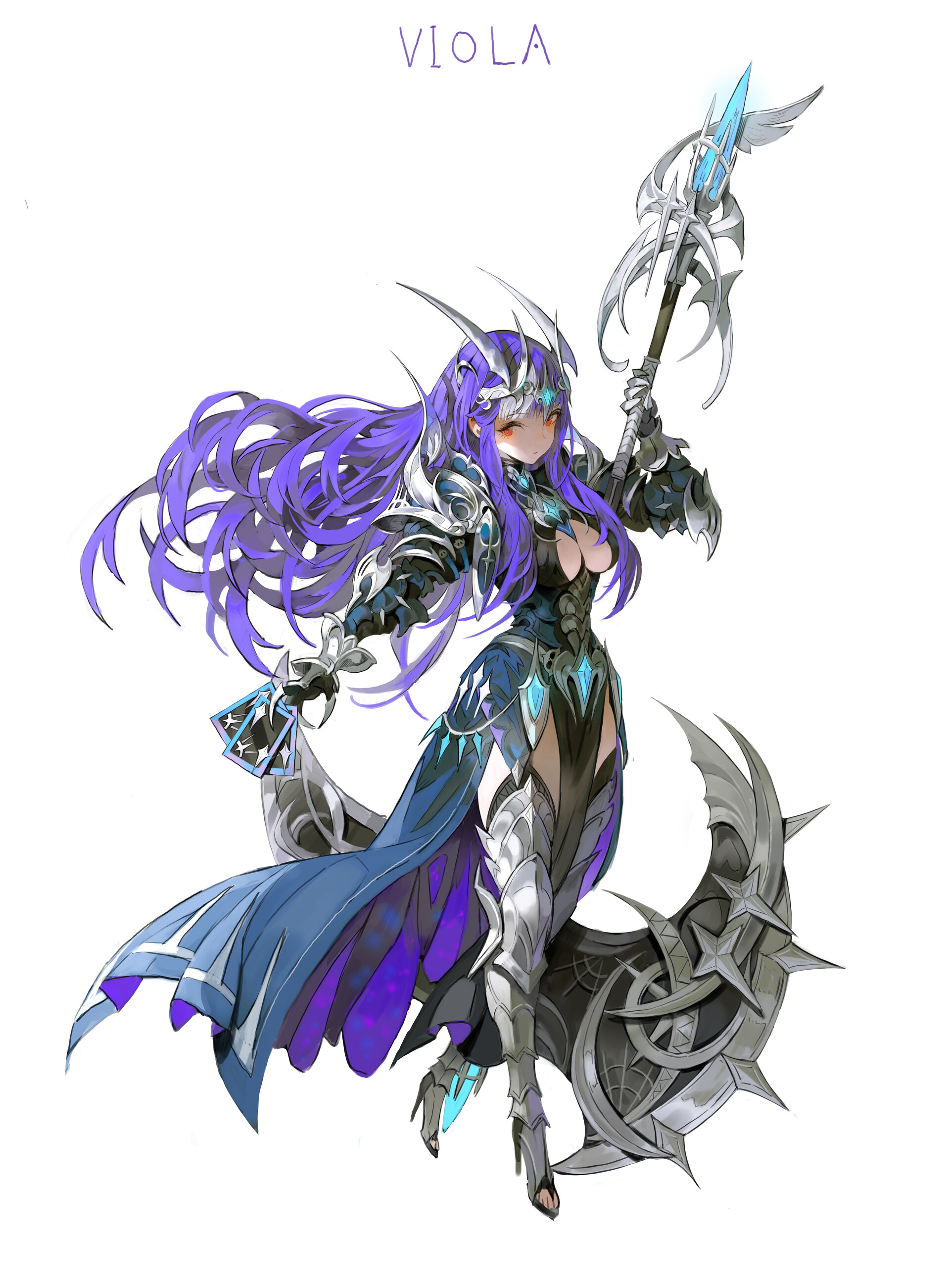 an anime girl named viola in armor with long purple hair holding a weapon.