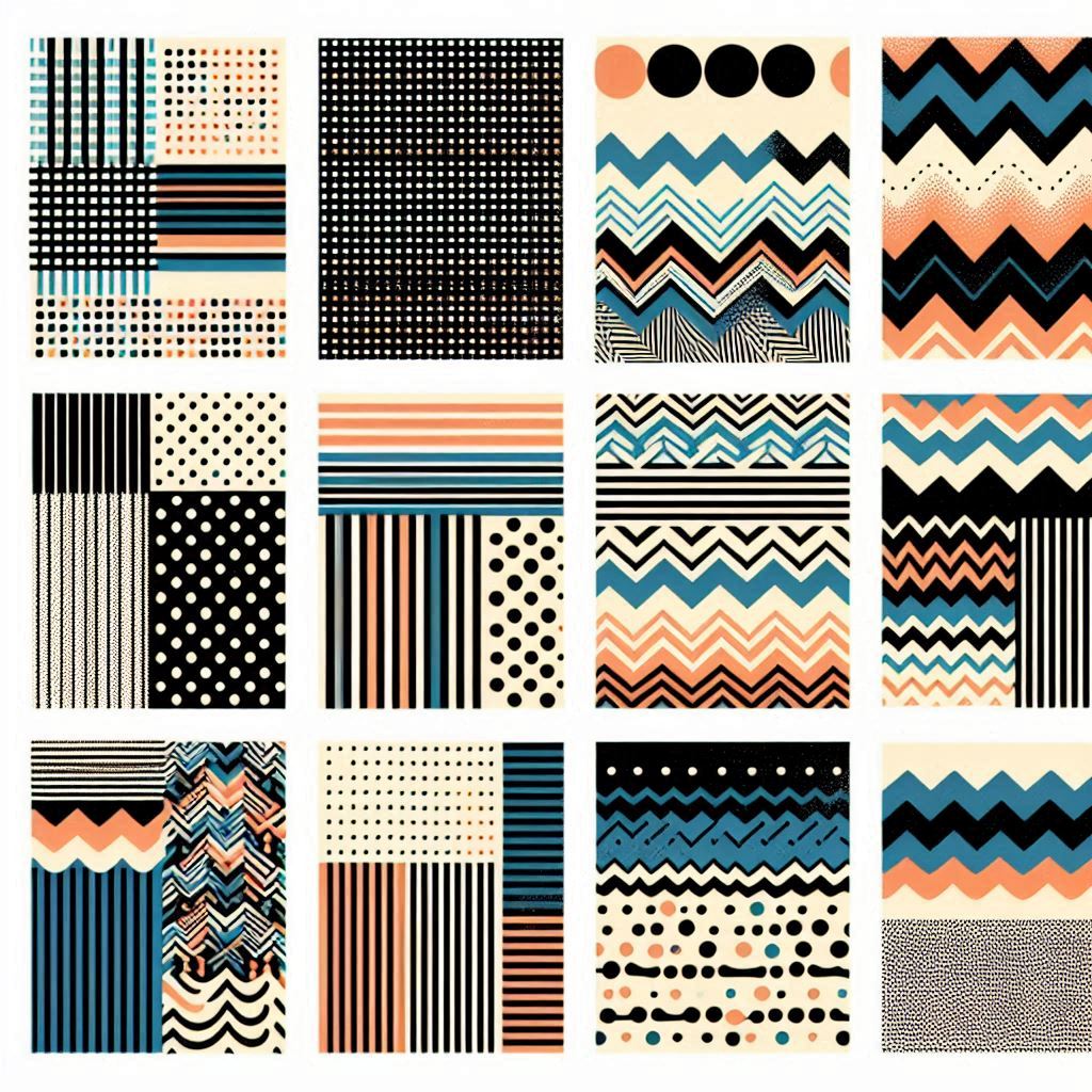 the image consists of twelve unique, square tiles, each filled with a distinct pattern. the patterns are largely geometric, featuring elements like stripes, polka dots, and zigzag lines. they are arranged in various combinations and orientations within each tile. the color palette primarily uses black, white, teal, peach, and beige, giving the overall composition a retro, playful, and visually appealing aesthetic.