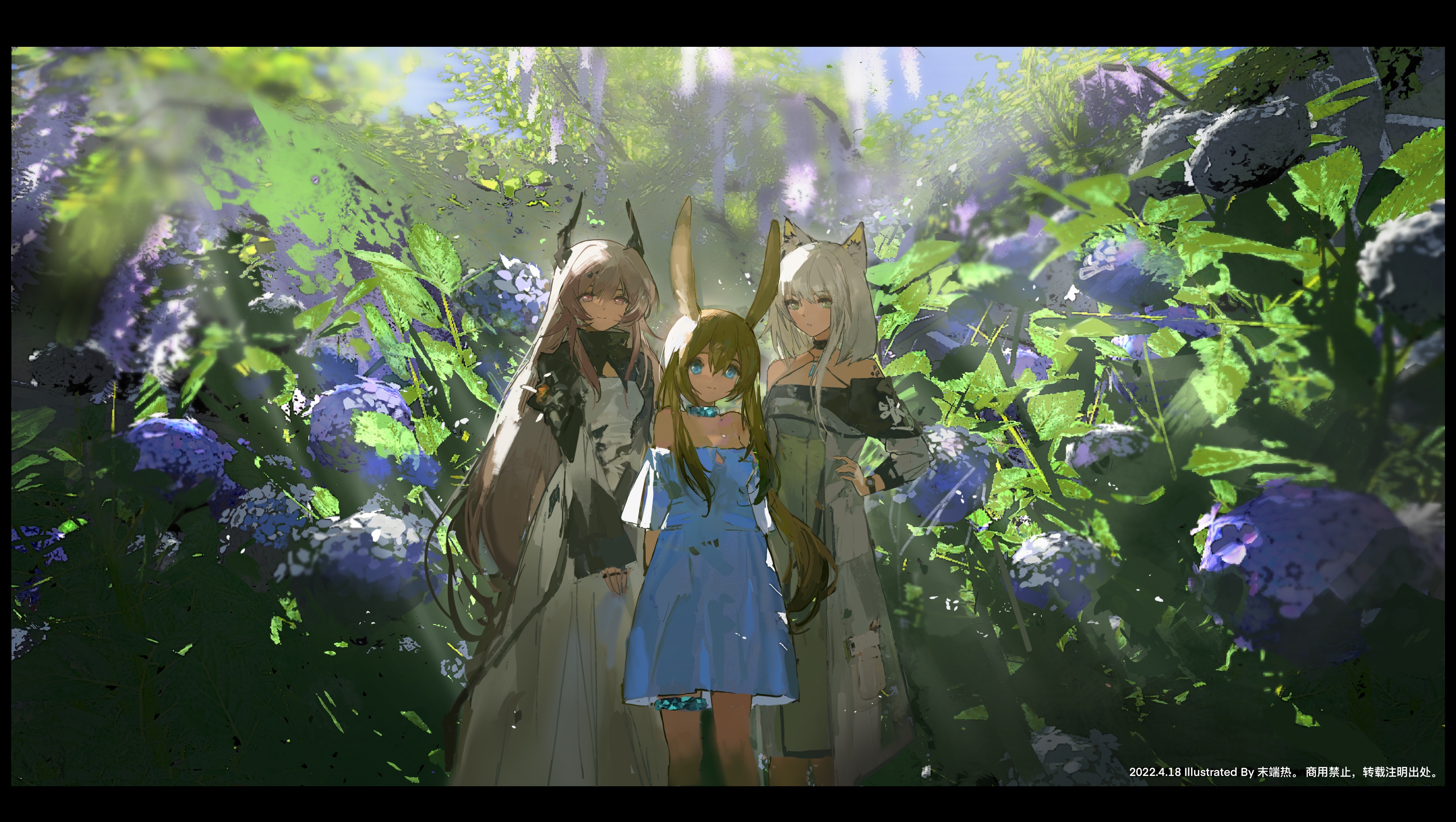 the image is a digital painting depicting three animestyle girls standing in a lush garden filled with vibrant hydrangeas. the girls have distinct features: one has long grey hair and horns, another has long blonde hair and bunny ears, and the third has long brown hair and fox ears. they are dressed in flowing outfits, and the overall atmosphere is peaceful and magical. the scene is bathed in sunlight, giving it a warm and serene feel. the style of the art is painterly and expressive, with soft blending and visible brushstrokes. the background is rich with detail, showing the diverse flora of the garden and the effects of sunlight filtering through the leaves.  the bottom of the image contains text in a different language indicating the date, artist, and copyright information.