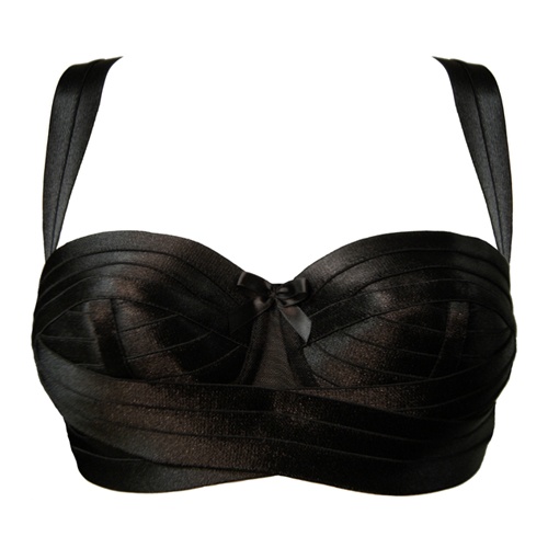 a strapless black satin bra with ribbon detailing and a bow in the center. the bra has wide straps.