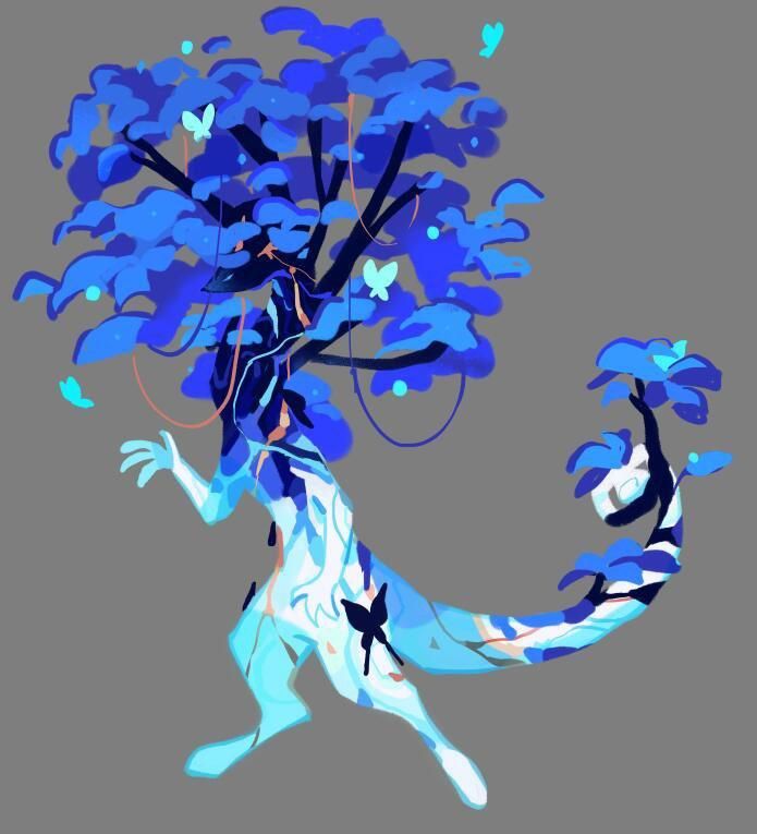 the image is a stylized drawing of a fantasy creature that is a combination of a tree and an animal. the creature has a body with legs and arms, and a tail that resembles a branch with leaves. its head is also treelike, with branches and leaves forming a crown. the creature is predominantly blue in color, with lighter and darker shades creating a sense of depth and texture. there are several small butterflies scattered around the creature, adding to the whimsical and fantastical atmosphere. the background is a simple gray, which helps to highlight the colors and details of the creature.